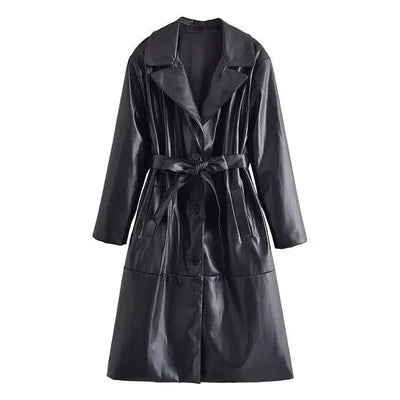 Stylish Belted Faux Leather Trench Coat-6