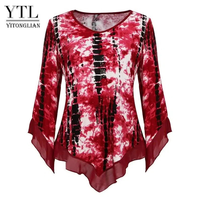 Yitonglian Trending Style Plus Size Women Blouse Summer Round Neck Flare Sleeve Irregular Loose Casual Tops Shirt H433-1