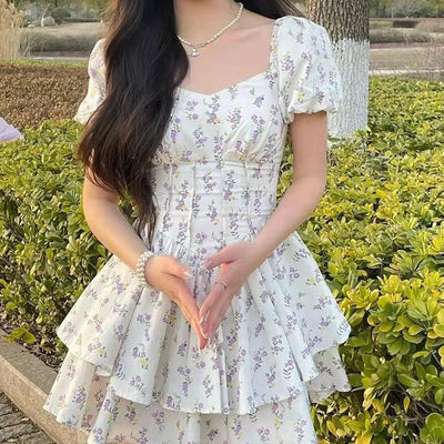 Summer Soft Bubble Sleeve Princess Fragmented Flower Dress-2