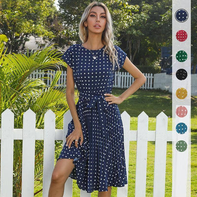 Summer Women Polka Dot Short Sleeve Dress Casual Bandage-Blue-1