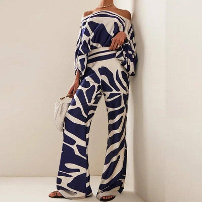 Ladies' Off-Shoulder Jumpsuit-Blue Stripes-1