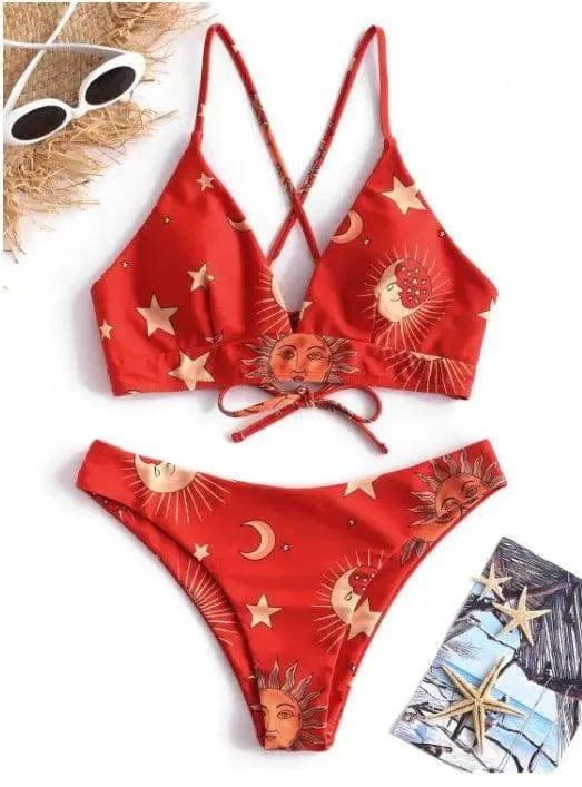 Sun Moon Star Print High Waist Split Bikini-2