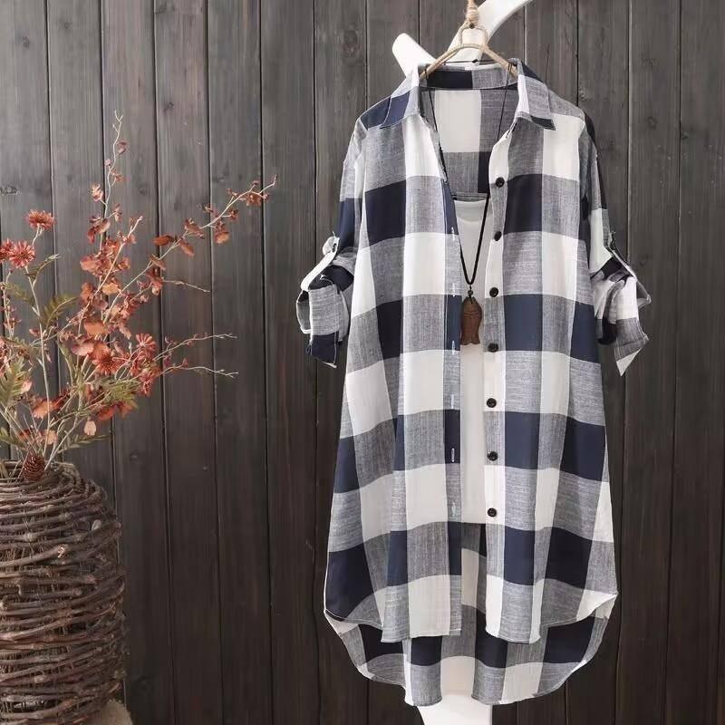 Sunscreen shirt women's medium length plaid shirt women's-7