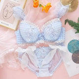 Sweet Lingerie Women's Small Chest Gathered Cute Plaid Bra-Blue-2