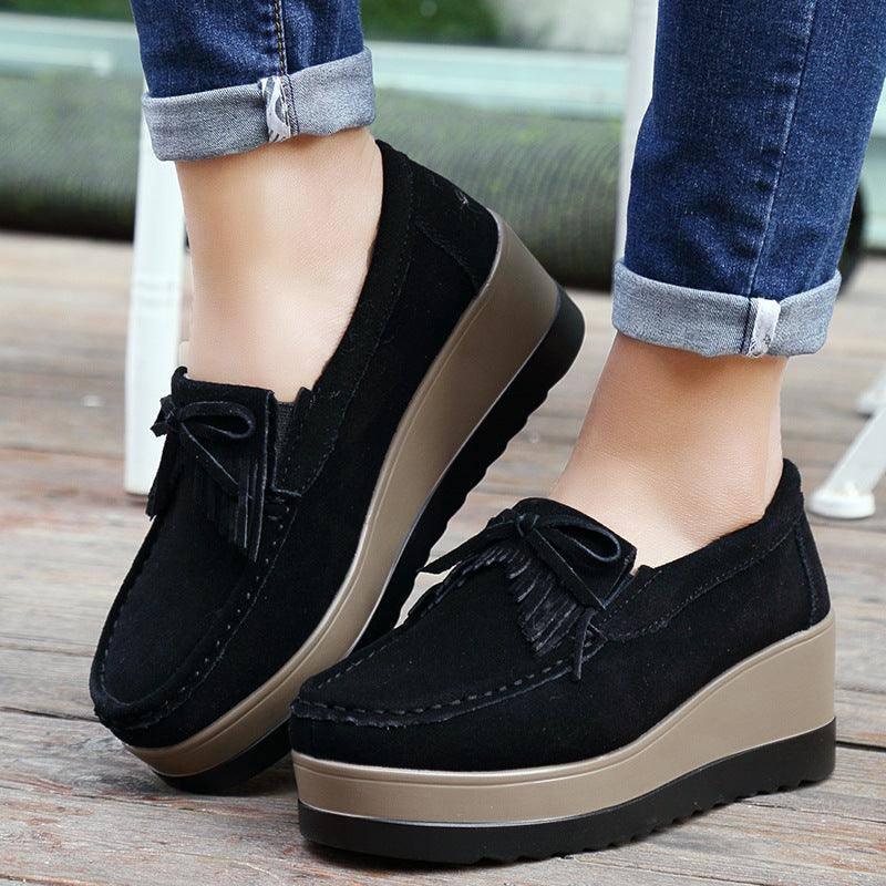 New Tassel Bow Design Shoes For Woman Fashion Thick Bottom Wedges Shoes Casual Slip On Solid Color Flats-3