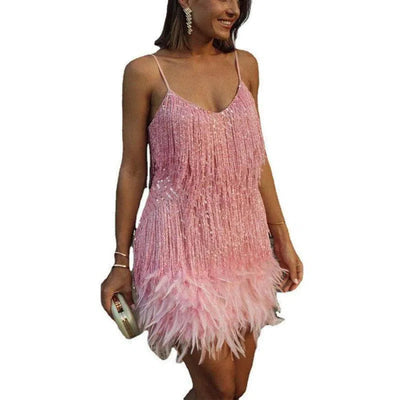 Tassel Stitching Feather Sequins Dress-2