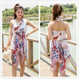 The female swimsuit split Sanjiantao Korean floral skirt-Beige-3