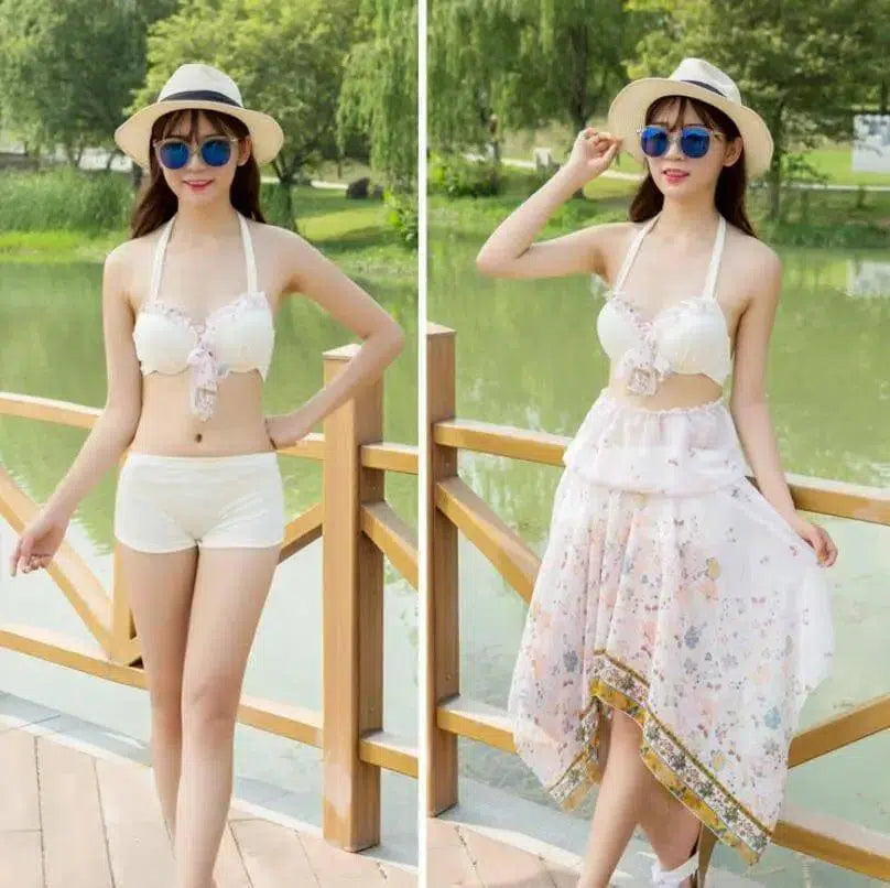 The female swimsuit split Sanjiantao Korean floral skirt-White-4