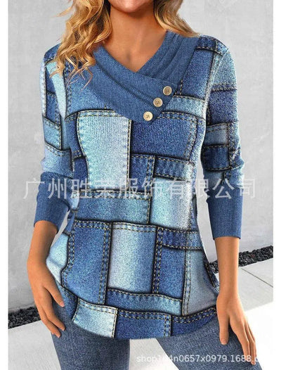 Three-button V-collar Contrast Color Long-sleeved Sweater-Blue-9