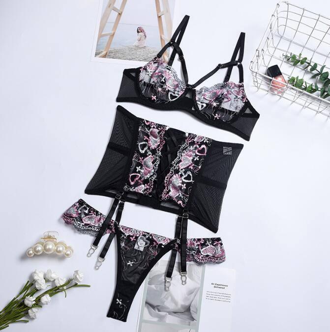 Three Pieces Female Lingerie Love Embroidery Girdle-Black-7