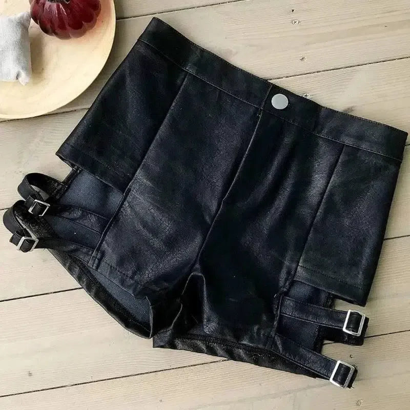 Trendy Strappy Leather Shorts for Edgy Fashion Looks-BLACK-6