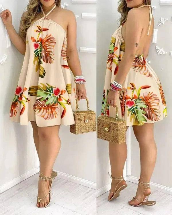 Tropical Print Halter Neck Dress, Vacation Style Backless-Orange-1