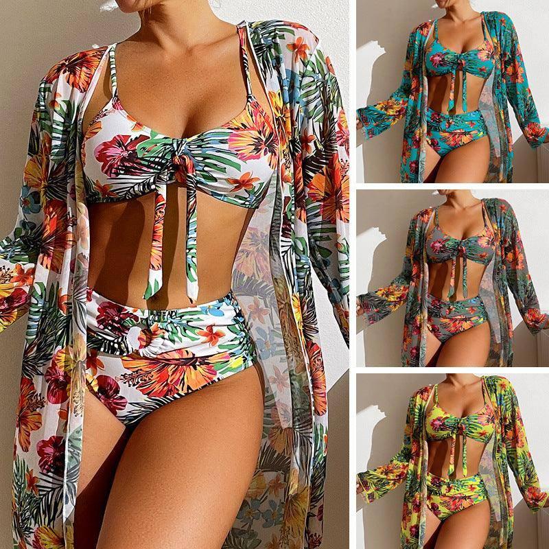 Tropical Print Swimwear Set with Kimono-1