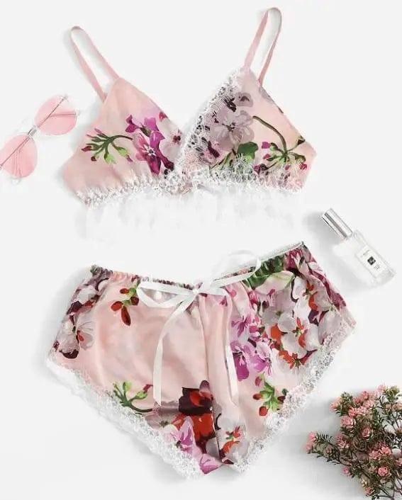 Two Piece Set Of Printed Lingerie Home Underwear-Pink-4