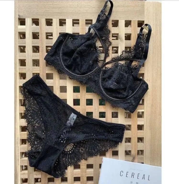 Embroidered Lace Bra Set-Black-2