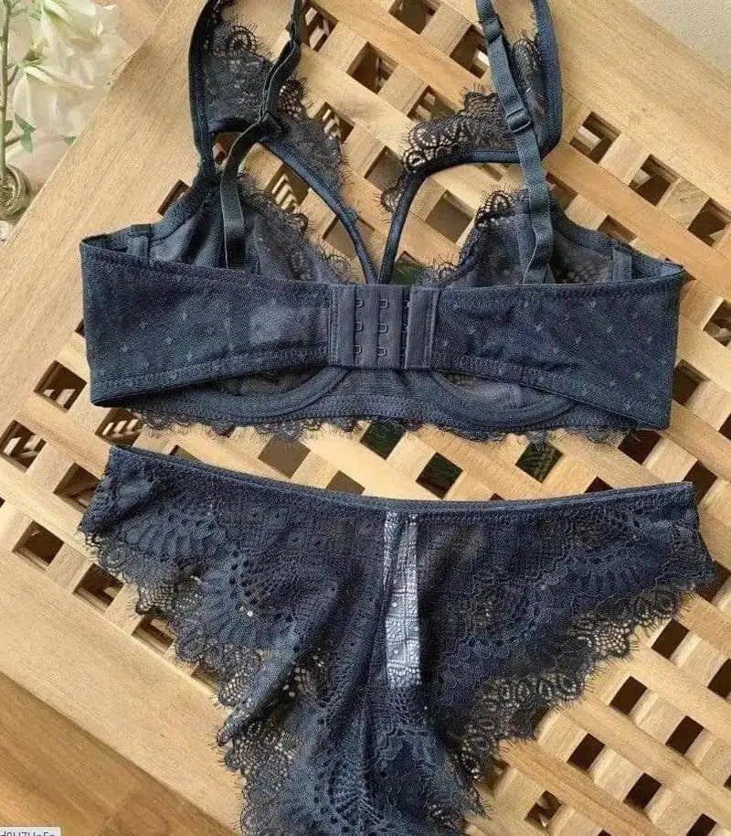 Embroidered Lace Bra Set-Blue-4