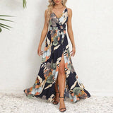 V-neck Floral Print Long Dress Summer Fashion Waist Tie Slit Design Sleeveless Dress For Womens Clothing-Royal-2