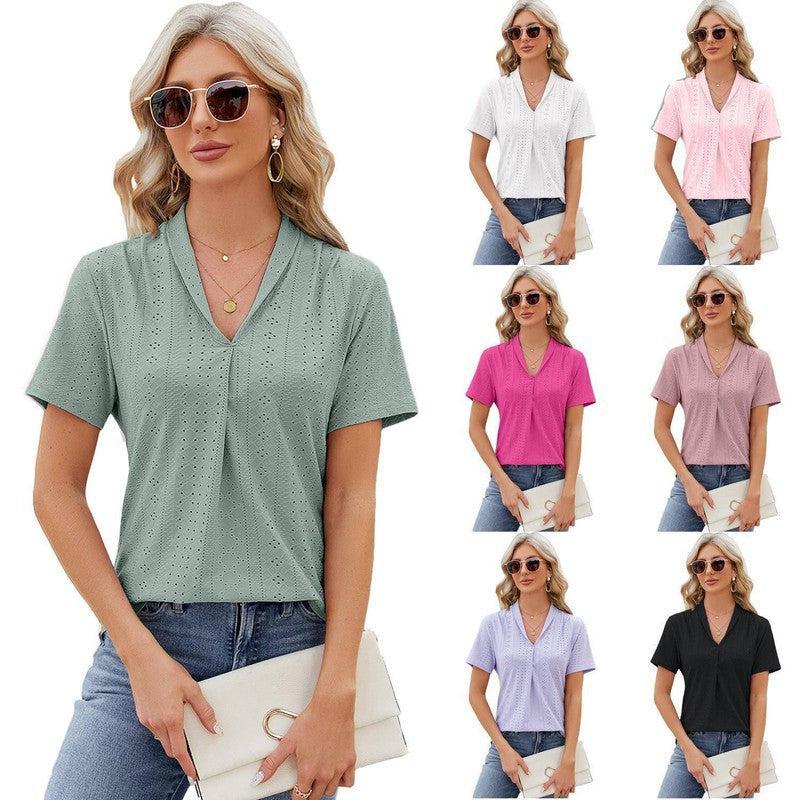 V-neck Hollow Design T-shirt Summer Loose Short-sleeved Top For Womens Clothing-1