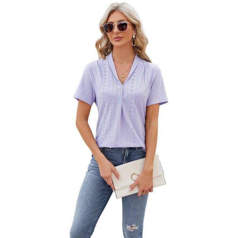 V-neck Hollow Design T-shirt Summer Loose Short-sleeved Top For Womens Clothing-Purple-7