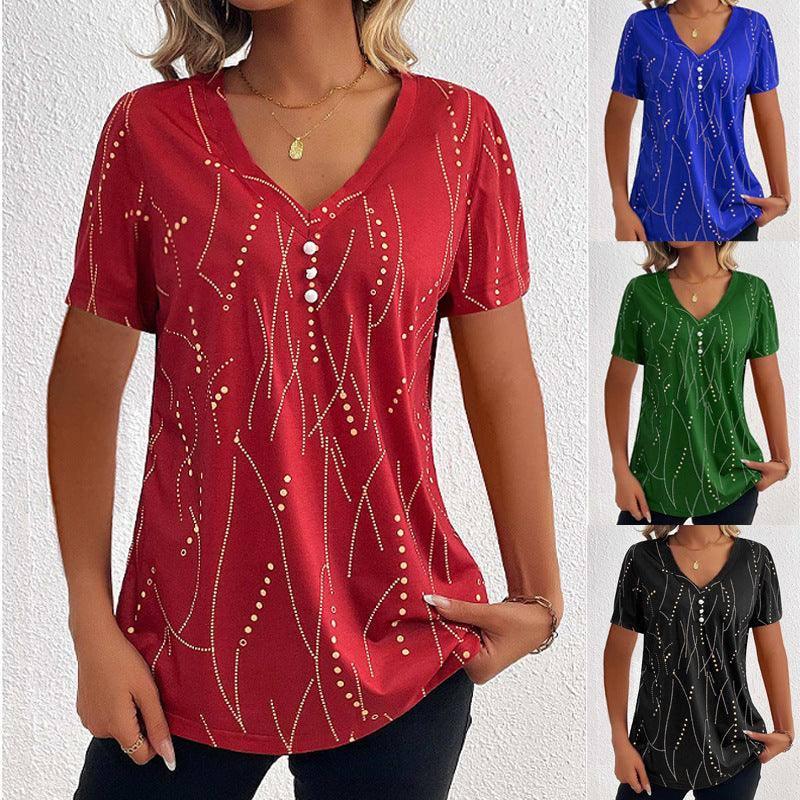 V-neck Printed Button T-shirt Summer Fashion Leisure-1