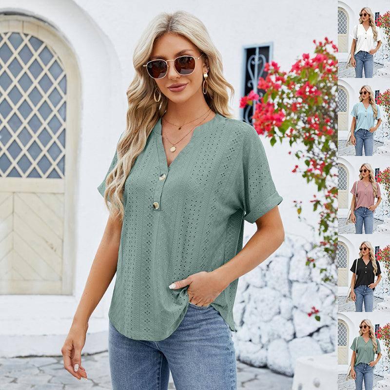 V-neck Rolled Hem Short-sleeved Top Summer Fashion Button Hollow Design Loose Casual T-shirt Womens Clothing-1