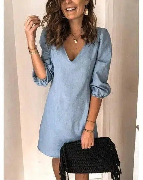 V-neck Short-sleeved Casual Loose Cotton And Linen Dress-Lightblue-2