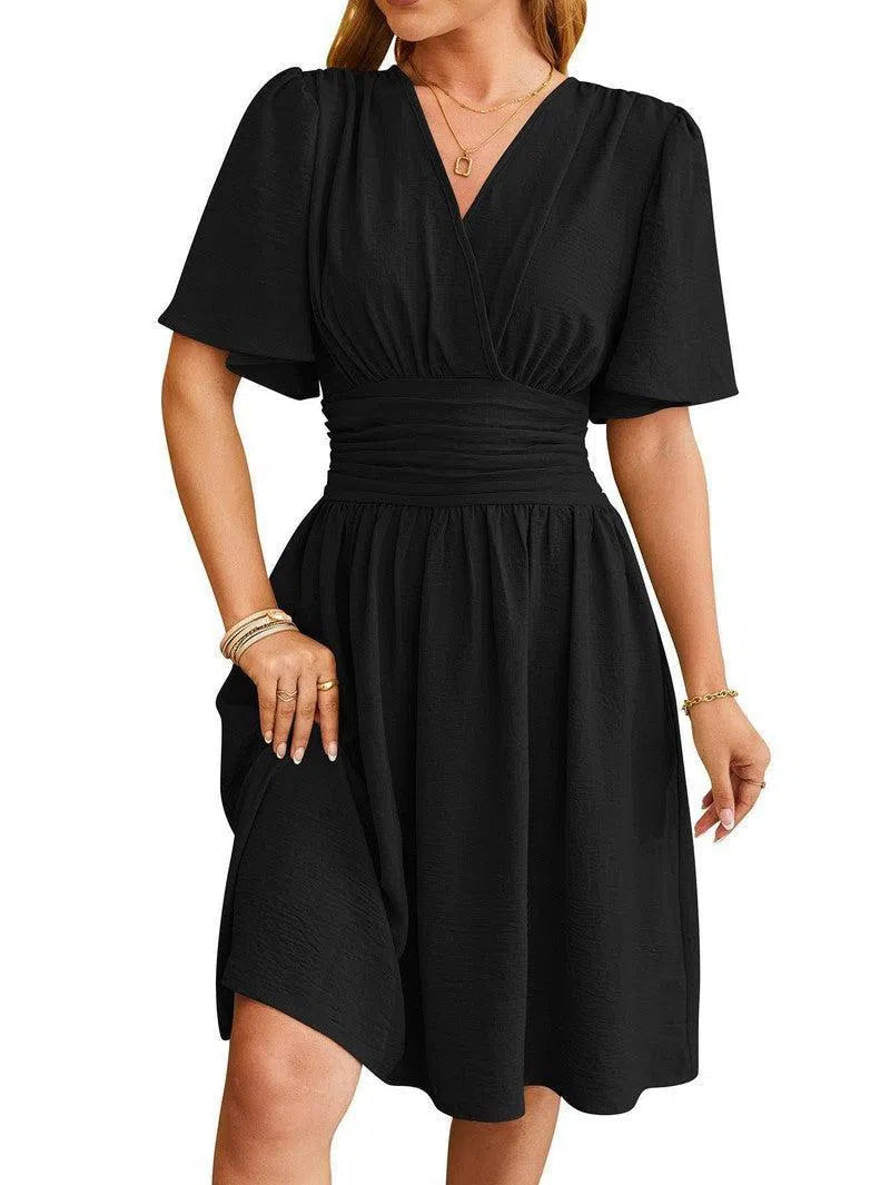 V-neck Short-sleeved Dress Fashion Bell-sleeved Dress Summer Womens Clothing-Black-3