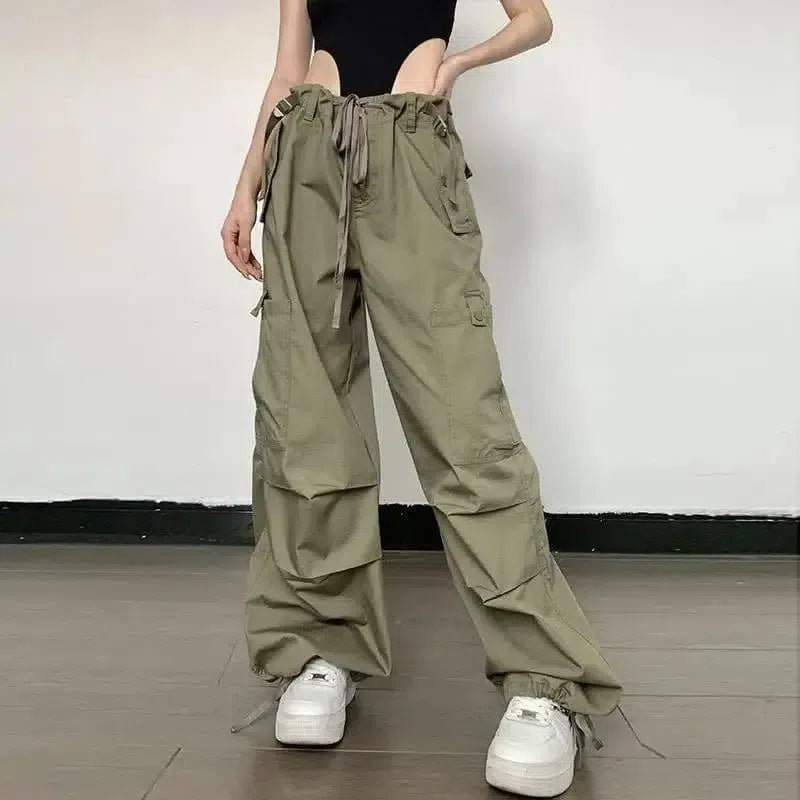 Vintage Fashion Large Pocket Straight Casual Pants-Military Green-1