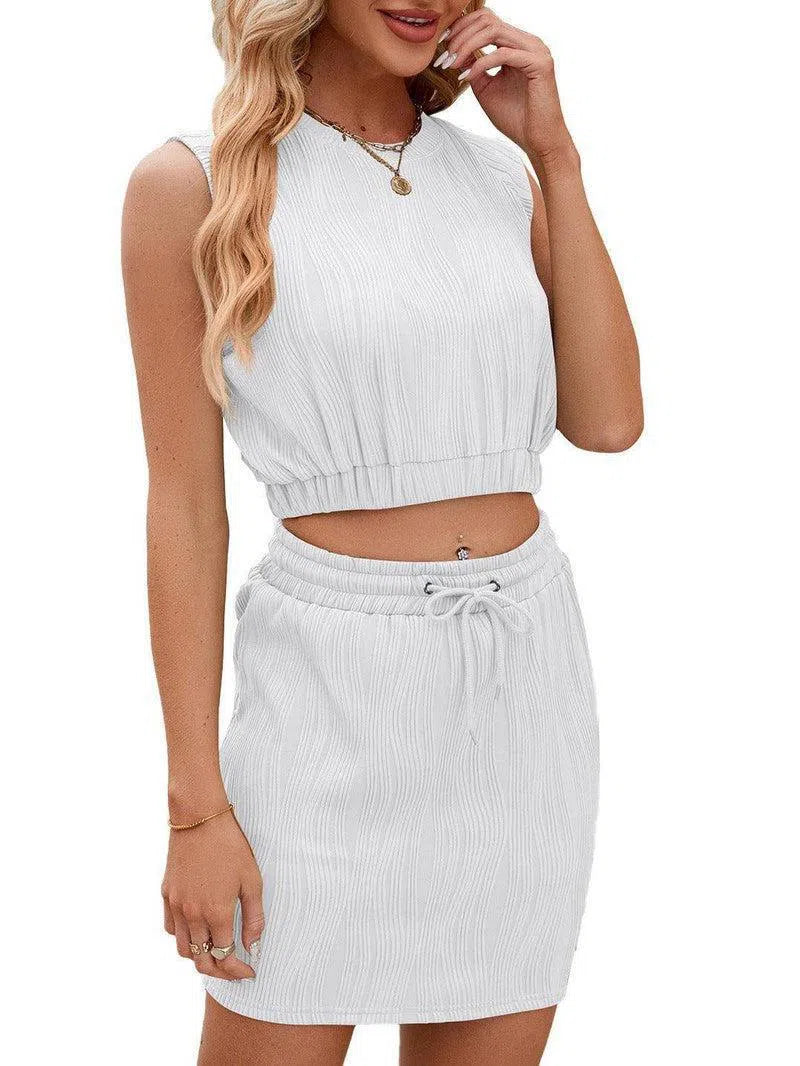 Wave Pattern Design Suit For Women Round Neck Sleeveless Top And Drawstring Design Short Skirt Fashion 2-piece Set Summer Clothing-White-3