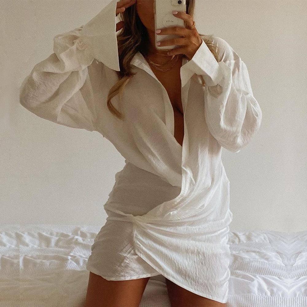 White Long-sleeved V-neck Shirt Sexy INS Fashion Linen Short-3