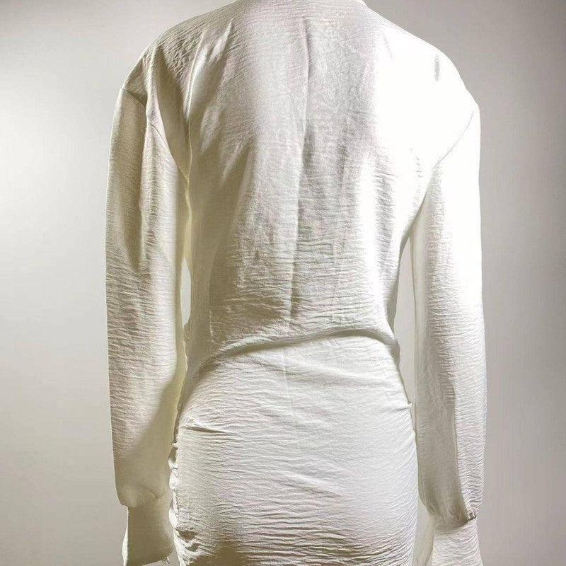 White Long-sleeved V-neck Shirt INS Fashion Linen Short-4