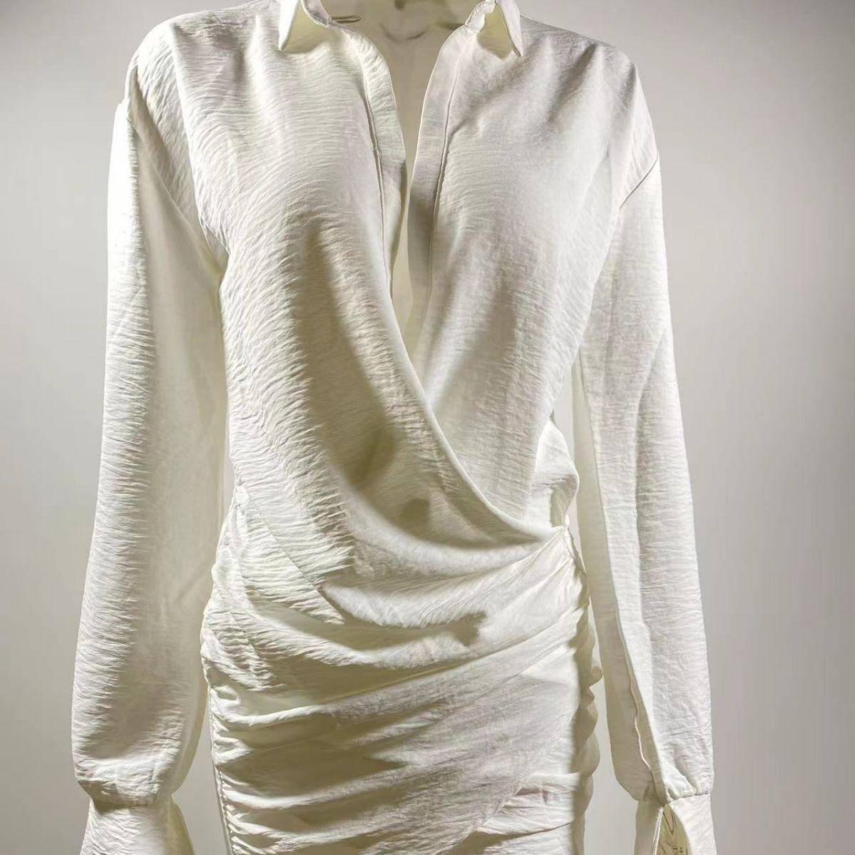 White Long-sleeved V-neck Shirt Sexy INS Fashion Linen Short-5