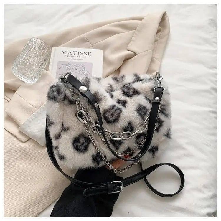 Winter Plush Bags Chain Shoulder Bag Women Flowers Print-White-2