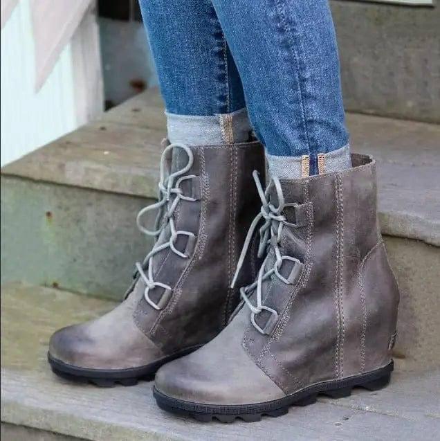 Women Color Matching Lace Up Martin Boots-Light Grey-3