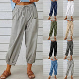 Women Drawstring Tie Pants Spring Summer Cotton And Linen Trousers With Pockets Button-1