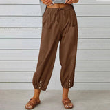 Women Drawstring Tie Pants Spring Summer Cotton And Linen Trousers With Pockets Button-Brown-12