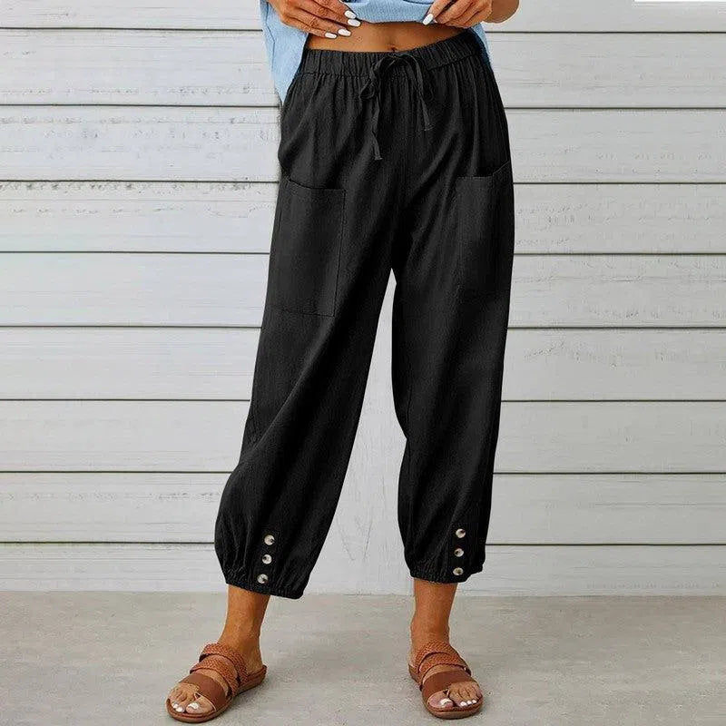 Women Drawstring Tie Pants Spring Summer Cotton And Linen Trousers With Pockets Button-Black-5