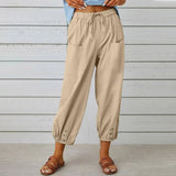 Women Drawstring Tie Pants Spring Summer Cotton And Linen Trousers With Pockets Button-Khaki-6