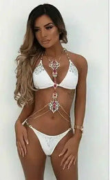 Women Glitter Rhinestone Bikini Set Push Up Bra Halter-White-2