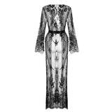 Women Long Sleeve Lace Dress Fashion Solid Sexy Perspective-2