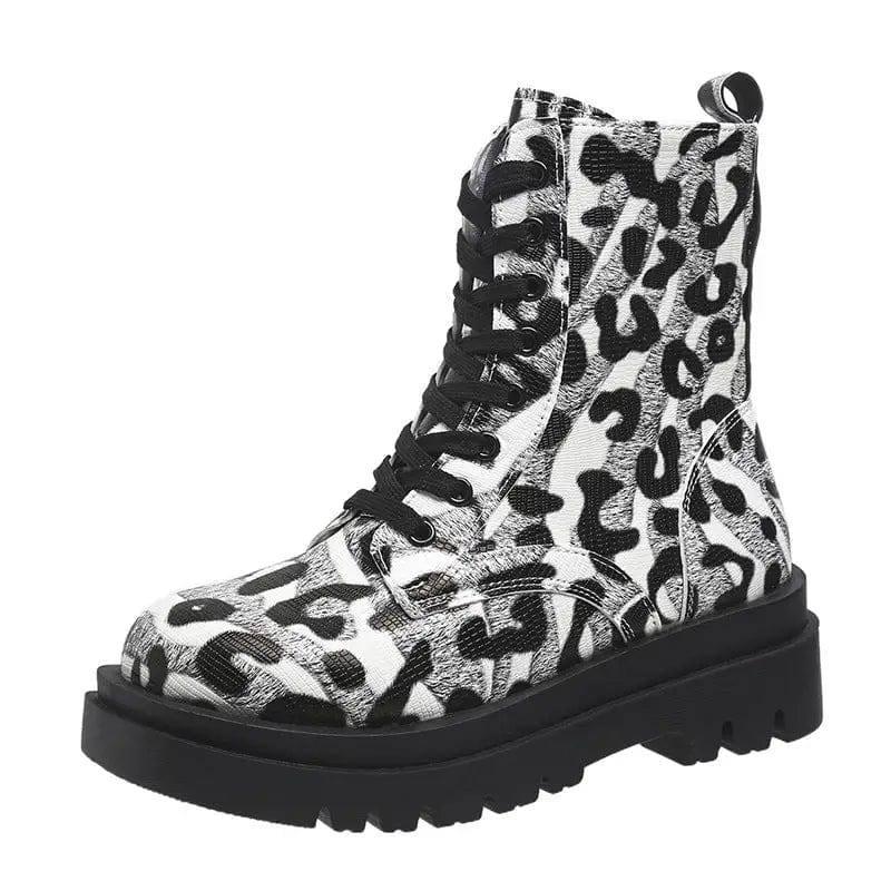 Women Martin Boots Black White Leopard Print Low Heel Shoes-9