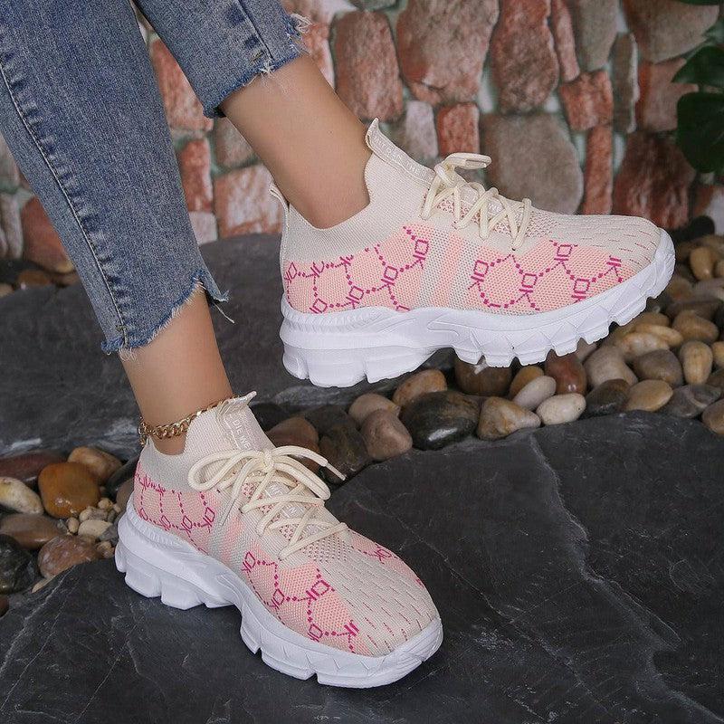 Women's Breathable Canvas Sneakers Lace Up Flat Shoes Fashion Casual Lightweight Running Sports Shoes-Pink-3