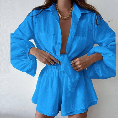 Women's casual fashion solid color ruffled edge shorts shirt-7