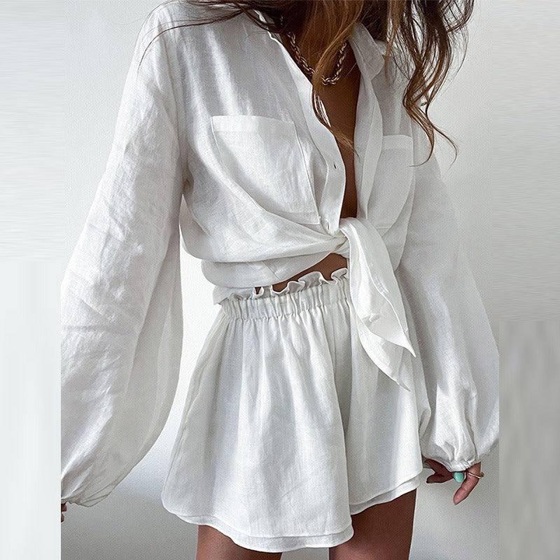 Women's casual fashion solid color ruffled edge shorts shirt-9