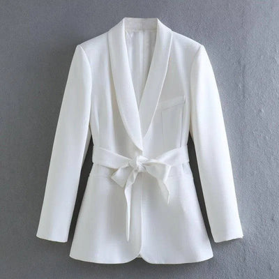 Women's Clothing With Belt Casual Suit Jacket Pants-White Suit-3