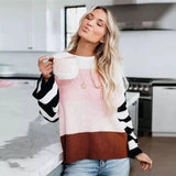 Women's color stitching sweater pullover sweater-Pink-1