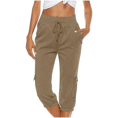 Women's Cropped Pants Cotton Linen Cargo Pocket Casual Pants-Khaki-2