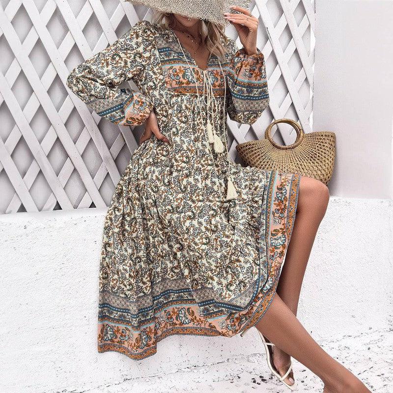 Women's Fashion Casual Holiday Long Sleeve Printed Maxi-Beige-1