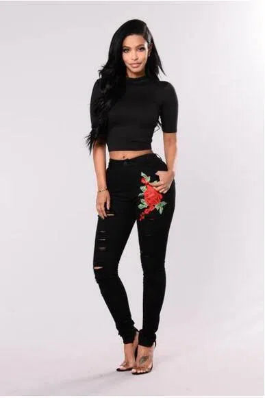 Women's Fashion Embroidery Ripped Black Denim Elastic Pants-2