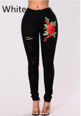 Women's Fashion Embroidery Ripped Black Denim Elastic Pants-White-4